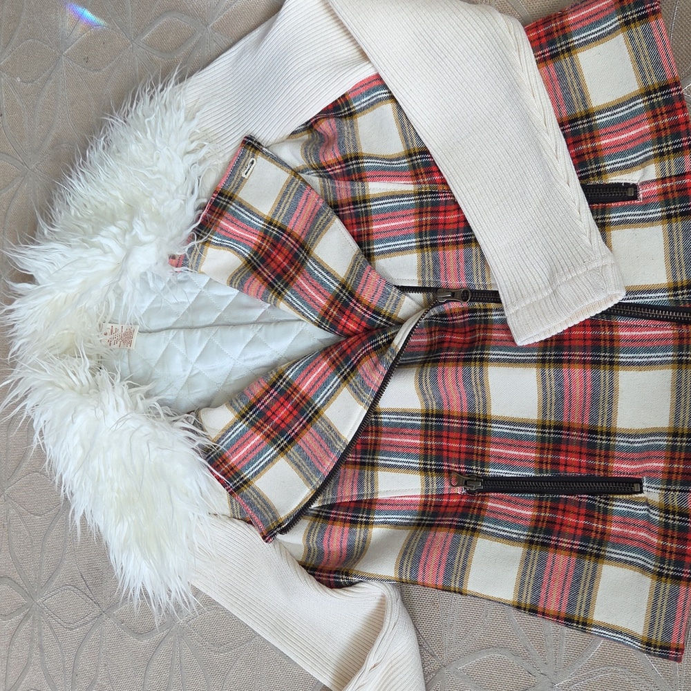 Sundance  Buffalo Plaid, Wool, Zip Front Sweater With Fur Collar!